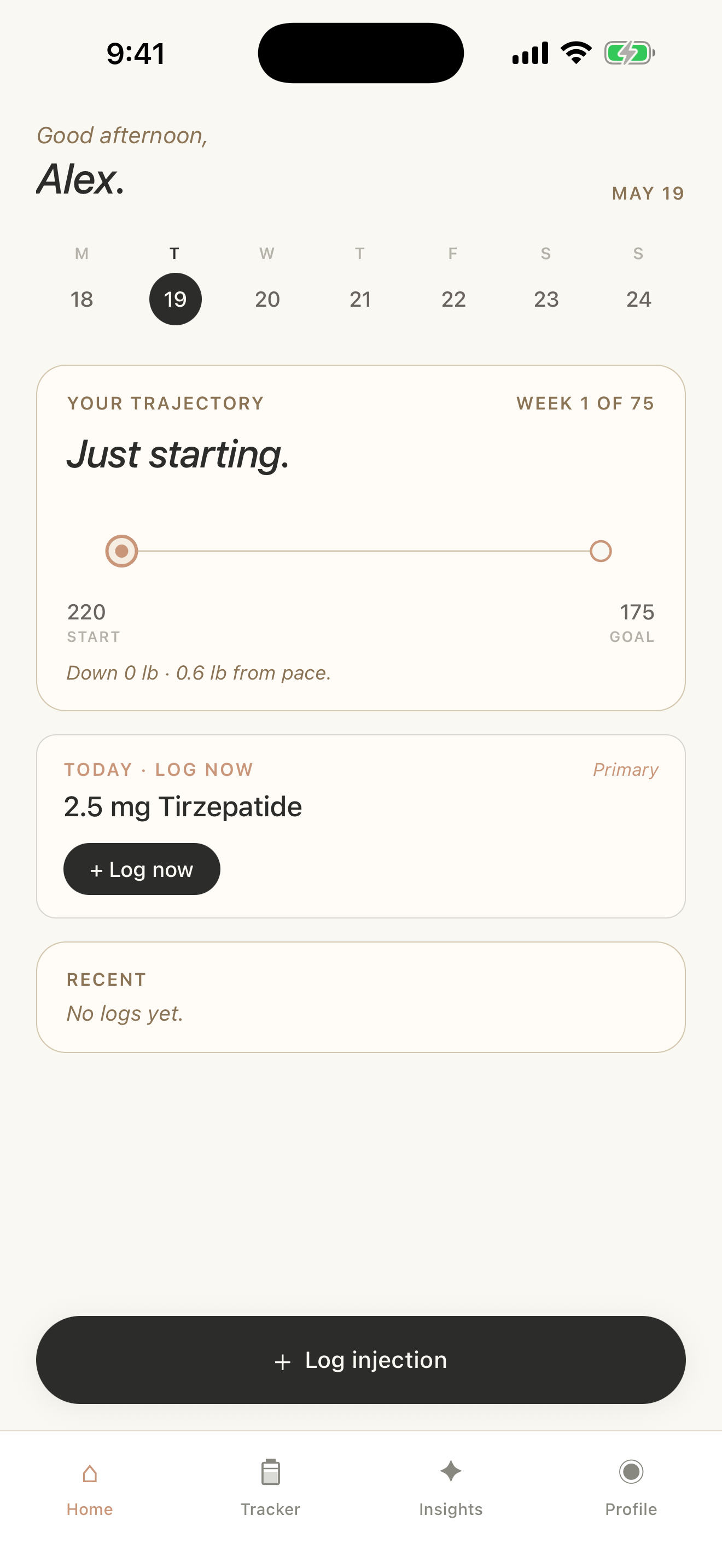 vial home screen showing today's dose, weekly schedule, and trajectory